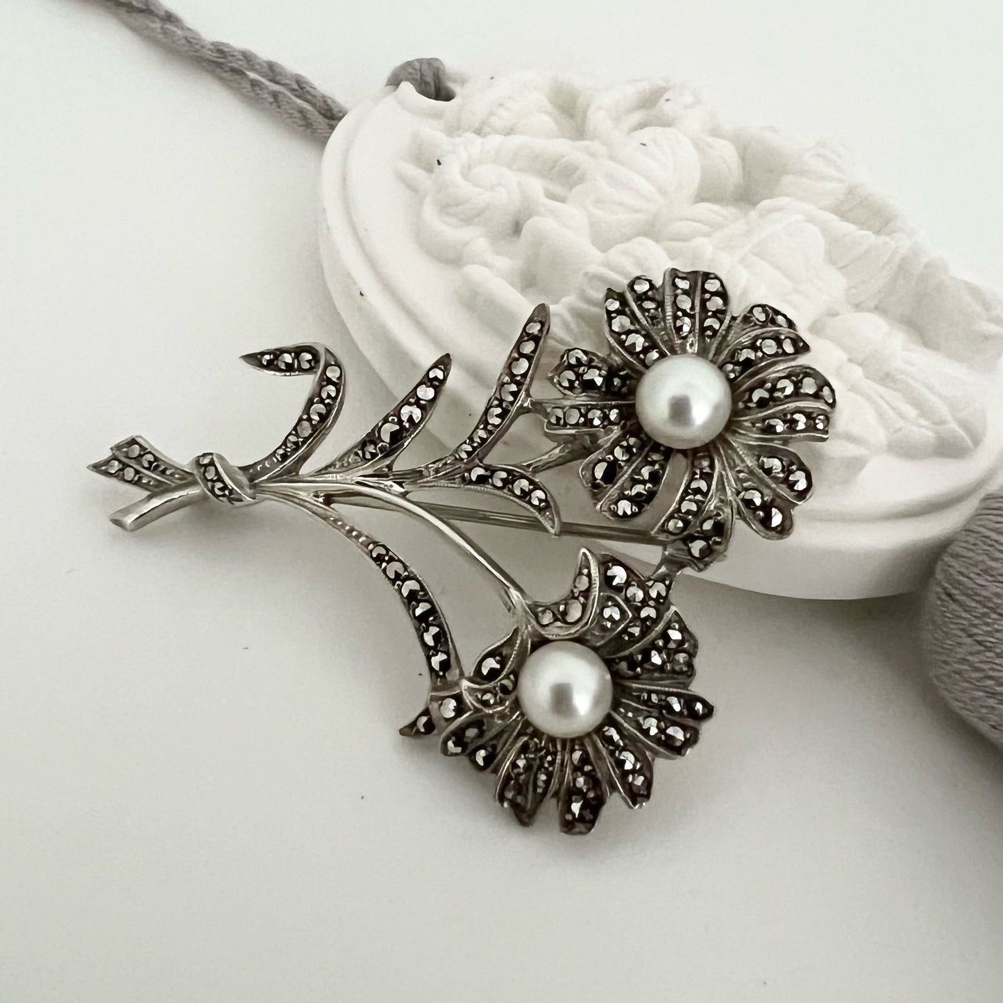 Vintage sterling silver, marcassites and cultured white pearls Flower pin
