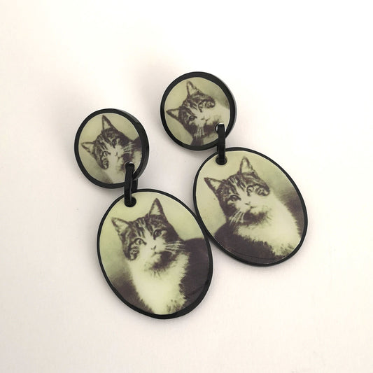 Pair of vintage resin earrings by designer Marion Godard with 2 portraits of tiger cats